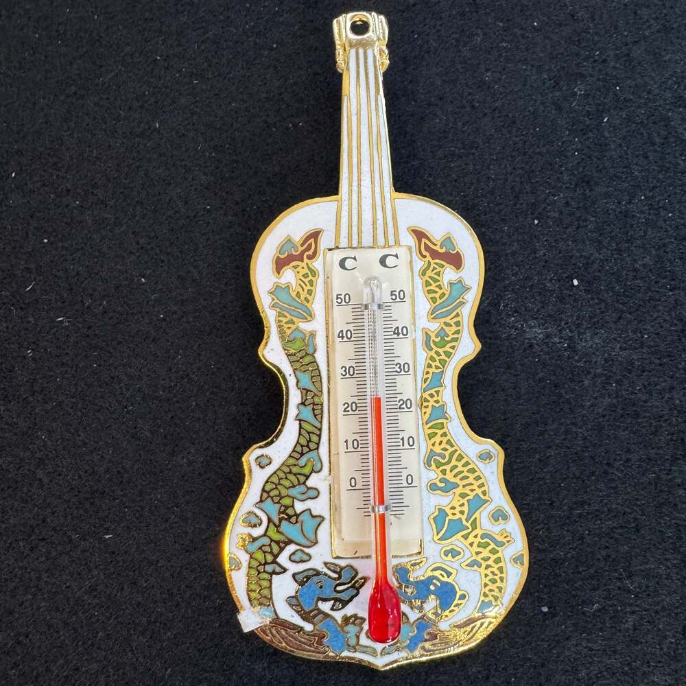 Vintage Cloisonne Enamel Violin Thermometer Dragon Motif Chinese Export Boxed